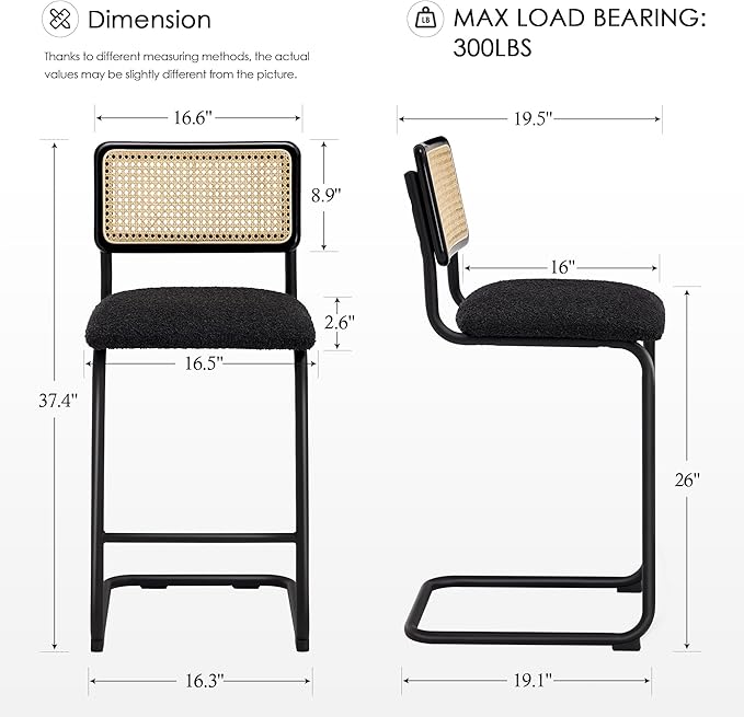 Zesthouse Natural Rattan Counter Stools Set of 4, 26'' Mid Century Modern Counter Height Barstools with Solid Wood Back & Cane Mesh, Upholstered Black Boucle Bar Stools for Kitchen Island, Chrome Base