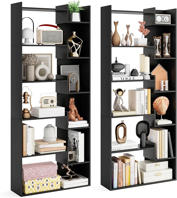 Tangkula 6-Tier Bookshelf, 64”H Tall Open Bookcase with Anti-Tip Kits, Home Office Free-Standing Wood Room Divider Display Book Shelf, Modern 11-Shelf Storage Rack for Study, Living Room (2, Black)