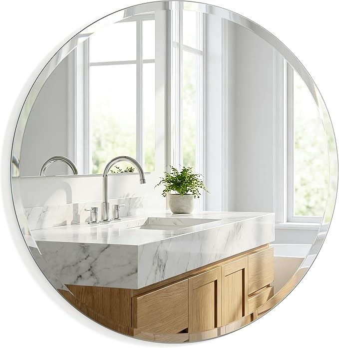 24 Inch Round Mirror for Wall Decor, Frameless Beveled Circle Mirror with Solid Backing, Small Round Bathroom Mirror for Vanity, Entryway & Bedroom, Flush Mount