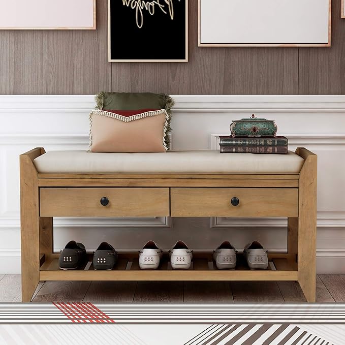 LUMISOL Storage Bench, Shoe Rack with Upholstered Seat and 2 Drawers, Solid Wood Entryway Storage Bench with Shoe Rack for Entryway, Living Room, Bedroom, Old Pine