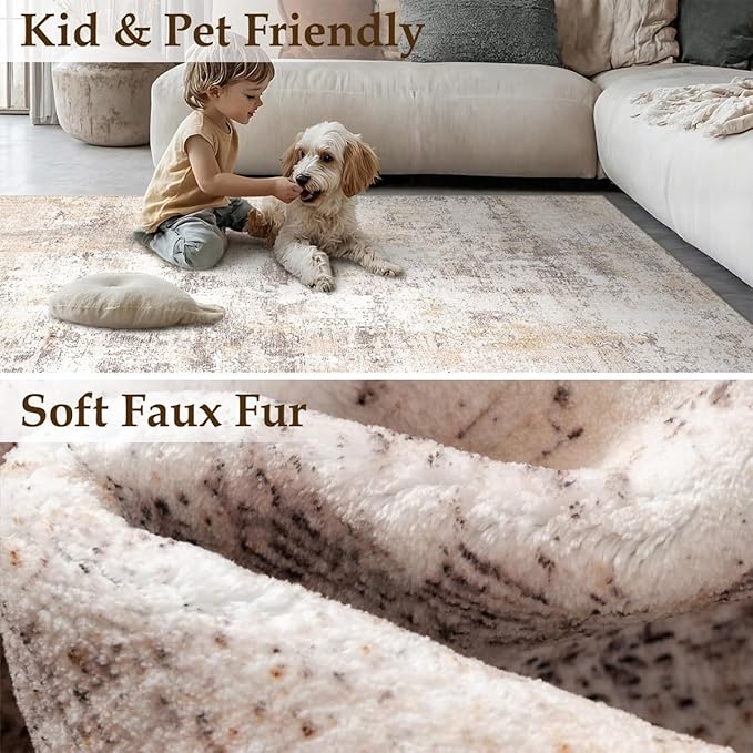 5x7 Washable Area Rug Beige Grey Abstract Non Slip Soft Medium Pile Rug for Living Room Bedroom Dining Room Office Neutral Modern Indoor Throw Carpet for Home Decor