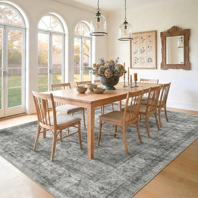Homemate Washable Rug 8x10 Area Rugs - Vintage Faux Wool Rugs for Living Room Bedroom Dining Room - Non Slip Foldable Carpet Indoor Area Rug for Home Decor（8'x10', Black