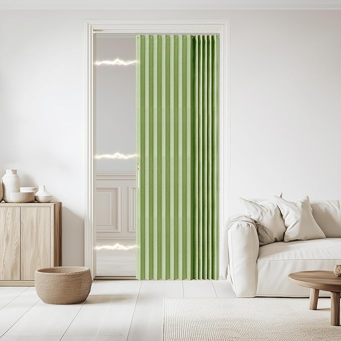 Jilron Accordian Door Curtain, 100% Blackout Folding Magnetic Doorway Curtains,Linen Style Closet Doors,for Room Divider,Privacy Protection（W52 x L78,Green,1 Panel）