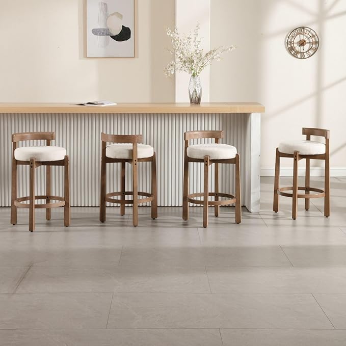 LukeAlon Mid Century Linen Counter Stools Set of 6, Upholstered 26.5” Seat Height Low Barstools with Natural Wood Legs Round Low Back Kitchen Stools with Footrest for Dining Room, Beige