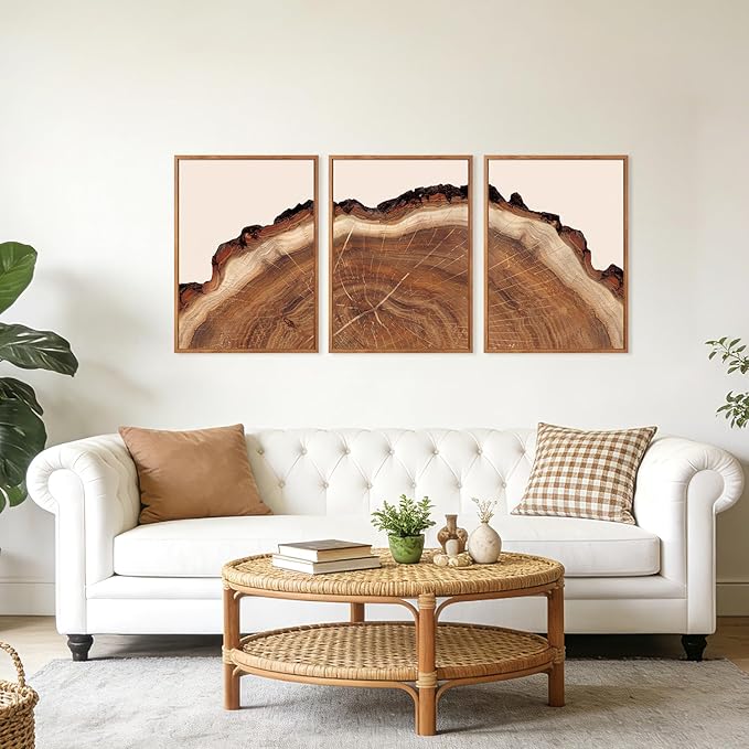 HPINUB Tree Rings Wood Wall Art Framed Set, Modern Beige Wood Stump Wall Decor, Abstract Tree Spiral Wall Painting,Nature-Inspired Art Print for Living Room, Bedroom, Office(Set of 3,12X16 Inch)