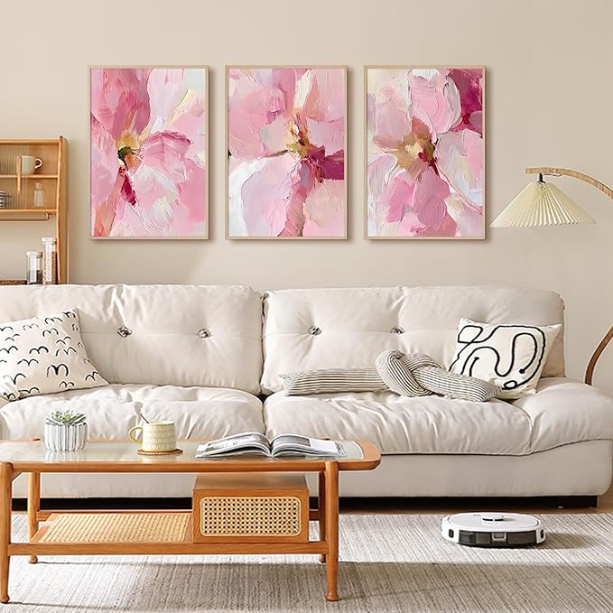 Abstract Floral Wall Art Pink Flower Canvas Pictures Modern Wall Decor Blush Pastel Pink Prints Peony Painting Minimalist Poster Botanical Artwork for Bedroom Living Room 16x24 Inch Unframed set of 3