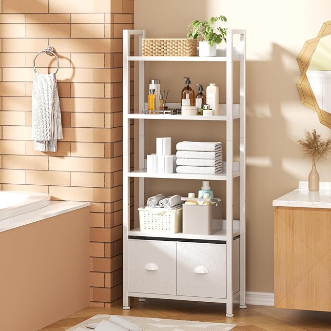 Furologee 5 Tier Bookshelf with Drawers, White Tall Bookcase with Shelves, Wood and Metal Bookshelves Storage Organizer, Modern Display Free Standing Shelf Unit for Bedroom, Living Room, Office