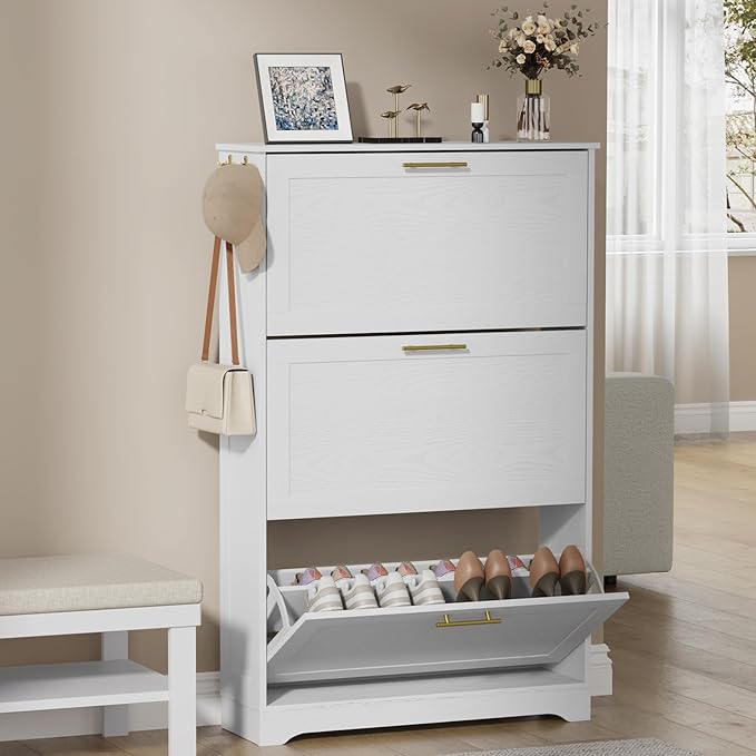 Shoe Cabinet Organizer with 3 Flip Drawers, Modern Narrow Shoe Cabinet with Metal Handles, Freestanding entryway Organizer with 2 Adjustable Shelves & 2 Hooks, for Foyer, Hallway, White
