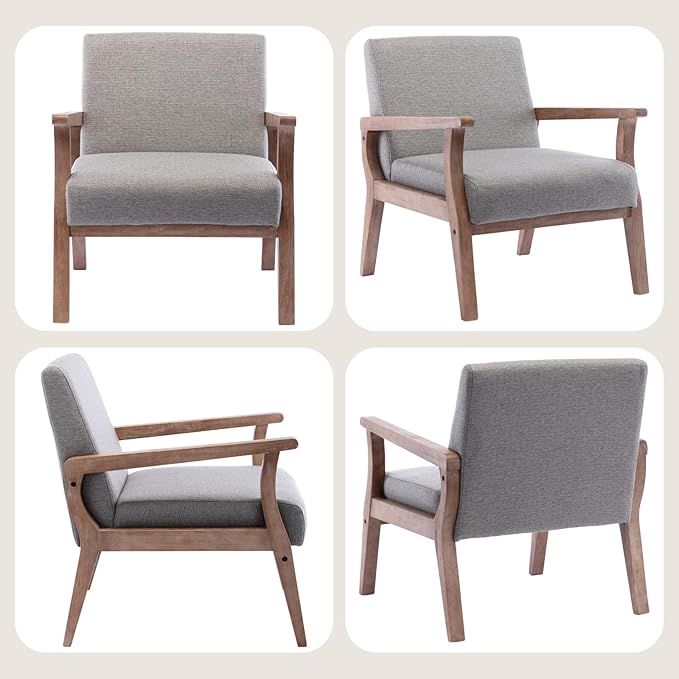 BESTANO Mid Century Modern Accent Chair Set of 2, Linen Upholstered Living Room Accent Armchair with Wood Frame, Farmhouse Chair for Living Room Bedroom, Gray