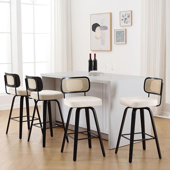 Bekrvio Swivel Bar Height Stools Set of 4, Upholstered Faux Leather Barstools with Rattan Back, 29" Seat Height Tall Bar Stools for Kitchen Counter, Black Wood Frame, Cream White