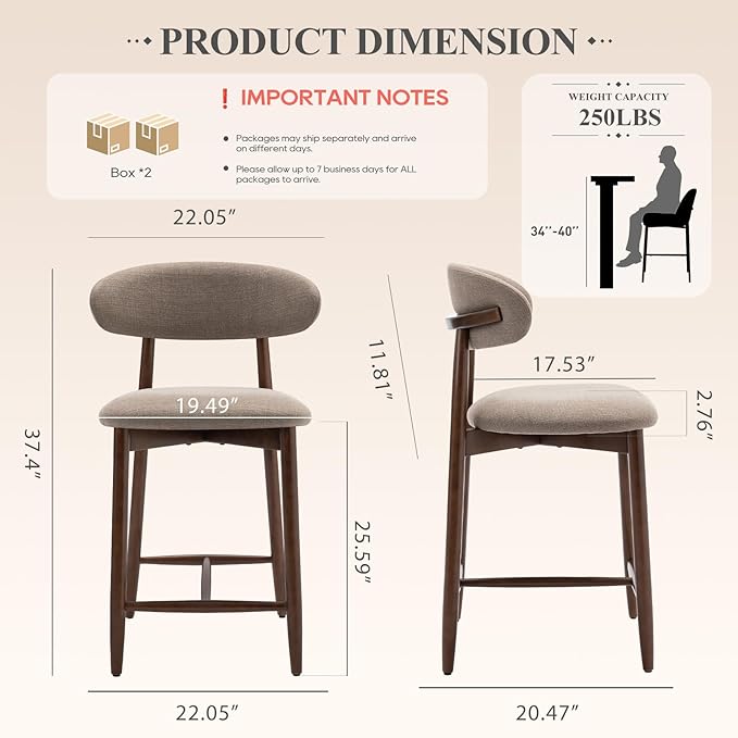 COLAMY Counter Height Bar Stools Set of 3, Kitchen Bar Stools with Back, Mid Century Modern Upholstered, with Wood Legs for Kitchen Island Dining Room, Camel