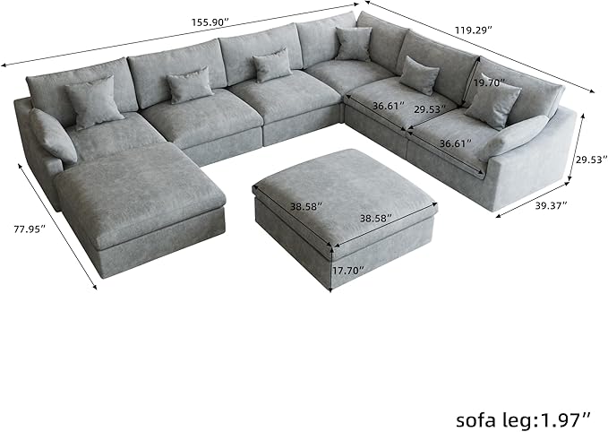 Modular Sectional Sofa Cloud Couch, Oversized 8 Seater Sofa with Ottomans, Extra Large U Shaped Deep Seat Sectional Couches for Living Room, Grey Sofa Covers Washable&Removable