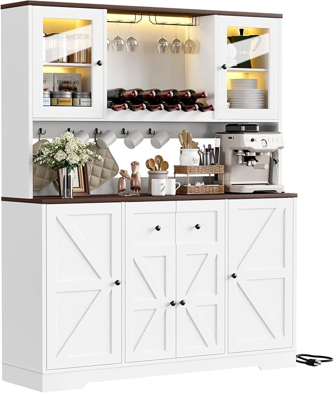 VVFLU 68" Tall Kitchen Pantry Storage Cabinet with Charging Station, 55" Wide Kitchen Hutch Cabinet with Large Countertop, Farmhouse Buffet Cabinet with Wine Holder & Wine Rack for Dining Room, White