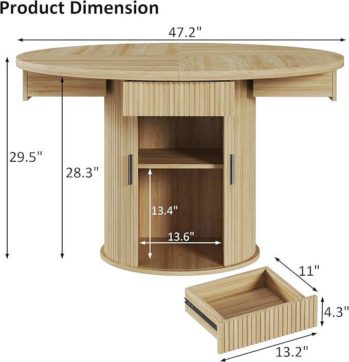 HUAHUU 47.2" Round Dining Table for 4-6, Modern Kitchen Table with 4 Drawers and 2-Tier Storage Shelf, Wooden Circle Dining Tables with Fluted Base & Sliding Door for Home Kitchen Living Room, Natural