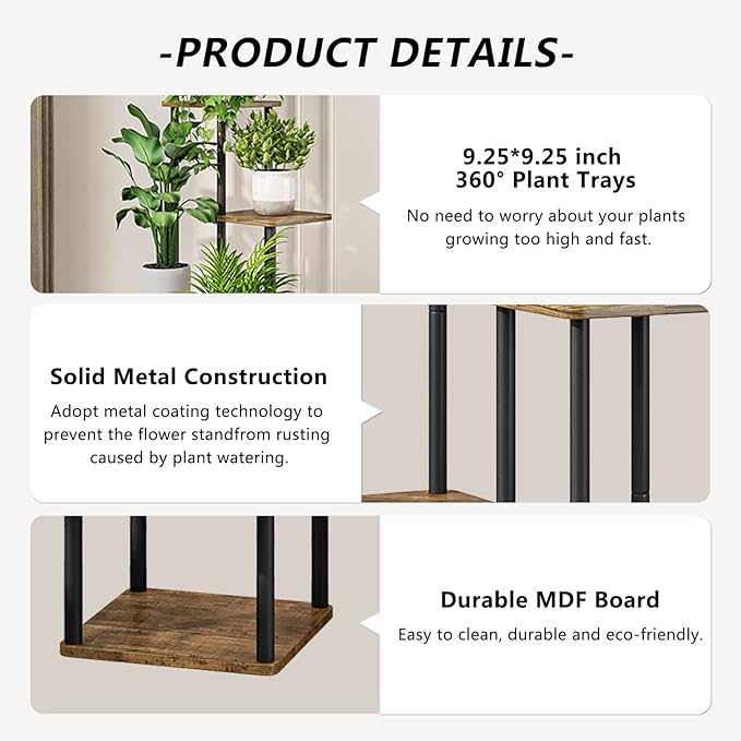 AZERPIAN Plant Stand 6 Tier Indoor Metal Flower Shelf for Multiple Plants Corner Tall Flower Holders for Patio Garden Living Room Balcony Bedroom, Black