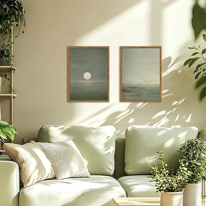Framed Sage Green Japanese Canvas Wall Art Set of 2, Minimalist Moon and Birds Pictures Wall Decor, Neutral Landscape Artwork Paintings Prints Zen Home Decor for Living Room Bedroom Office 16x24 Inch