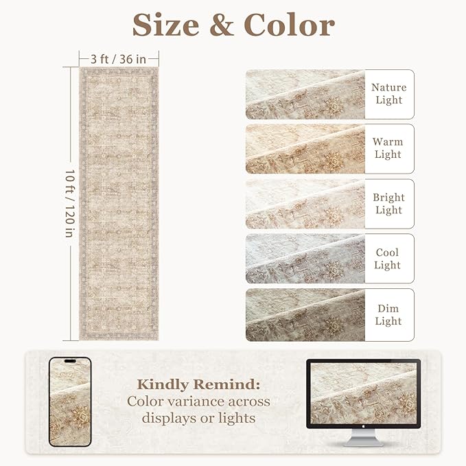 Washable Runner Rug 3x10, Vintage Earth Tone Hallway Runner for Kitchen Floor Non Slip, Low Pile Thin Long Carpet Runner for Entryway Corridor Mudroom Foyer, Farmhouse Neutral Beige Taupe