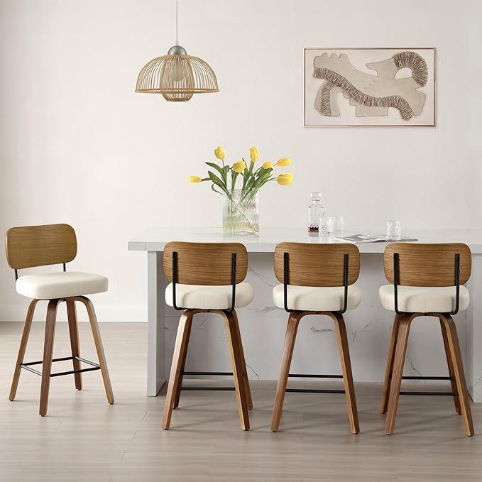 Bekrvio Swivel Counter Height Bar Stools Set of 4, Mid-Century Modern Upholstered Faux Leather Barstools with Wood Back, 26" Seat Height Bar Stools for Kitchen Island, Cream Seat and Walnut Frame