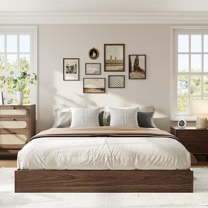 Full Size Solid Wood Platform Bed with Sturdy Wooden Slats, Floor-Standing Bed Frame, Modern Minimalist Design Space-Saving Bed Frame, No Box Spring Needed, Space Saver, Easy Assembly, Walnut Wood