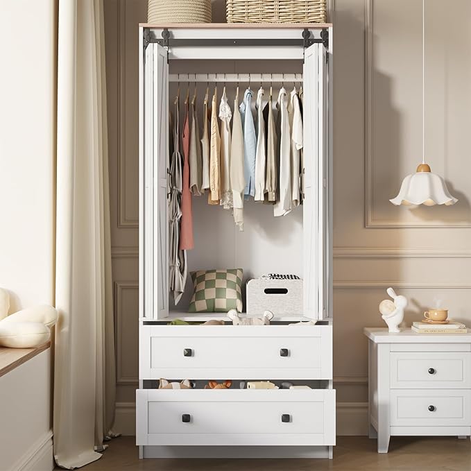 Maupvit Farmhouse Armoire with 2 Folding Sliding Barn Doors and Drawers 70.9" Tall Wooden Bedroom Wardrobe Closet with Spacious Storage Cabinet with Hanging Rod for Bedroom, White