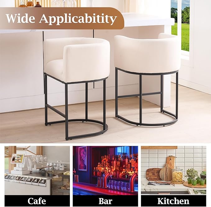 ClinQ 26" H Counter Height Bar Stools Set of 6, Modern Barrel Counter Stools with Backrest and Arms, Black Metal Frames, Linen Fabric Upholstered Accent Barstools for Kitchen Island, Beige