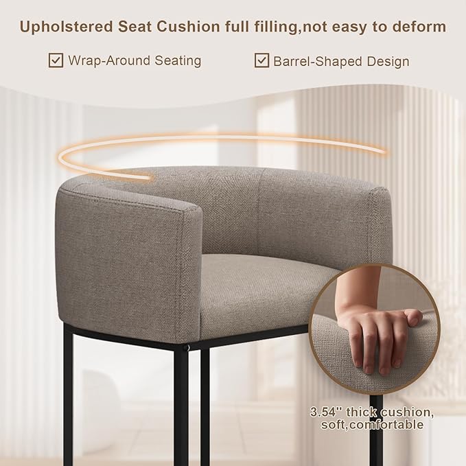 26" H Counter Height Bar Stools Set of 2, Modern Barrel Counter Stools with Backrest and Arms, Linen Fabric Upholstered Accent Barstools for Kitchen Island,Support 450 LBS (Sand)