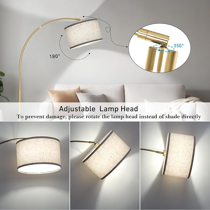 DWTB Gold Arc Floor Lamp for Living Room, Floor Lamp with Adjustable Drum Lampshade, Modern Tall Standing Lamp with Foot Switch, Over Couch Arched Pole Lamps for Reading Bedroom, 8W LED Bulb Included