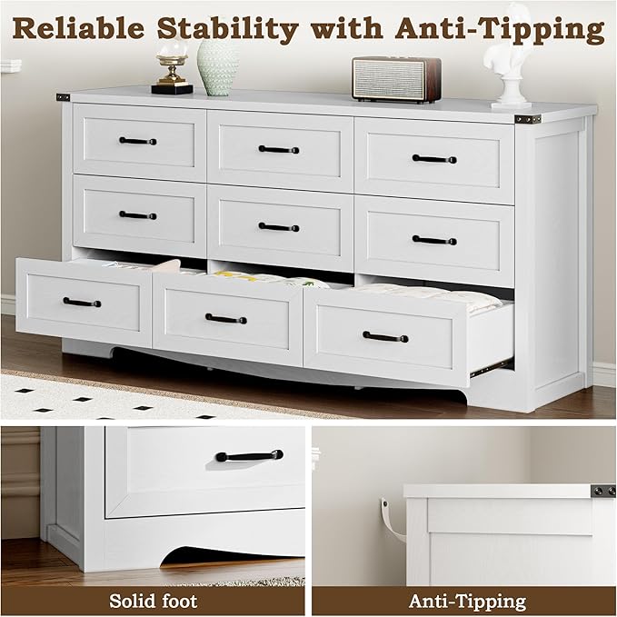 BORNOON 9-Drawer Dresser for Bedroom, Modern Wooden Chest of Drawers with Metal Handles, Anti-Tipping Design, Sturdy and Stable Storage Organizer for Living Room, Entryway, Home Office