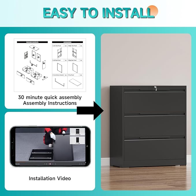 3 Drawer Lateral File Cabinet with Lock, Heavy-Duty Metal Filing Cabinet for Home Office, Steel Storage Compatible with Hanging Files Letter/Legal/F4/A4 Sizes, Black