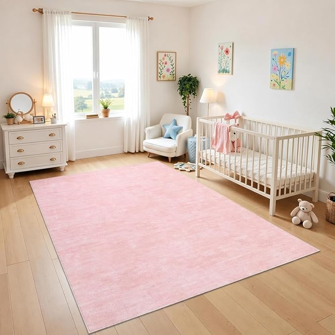 RUGSREAL 8x10 Washable Rug for Living Room Non-Slip Modern Abstract Area Rug Stain Resistant Large Bedroom Rug Contemporary Accent Throw Floor Carpet Solid Rug for Dining Room Home Decor, Pink