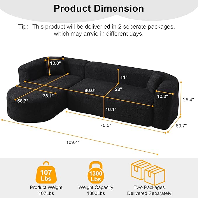 109.4" Sectional Couch with L-Shaped Chaise, Boneless Modular Sectional Sofa, Soft Chenille Sofa with Deep Seat for Living Room, No Assembly | Breaathable Material