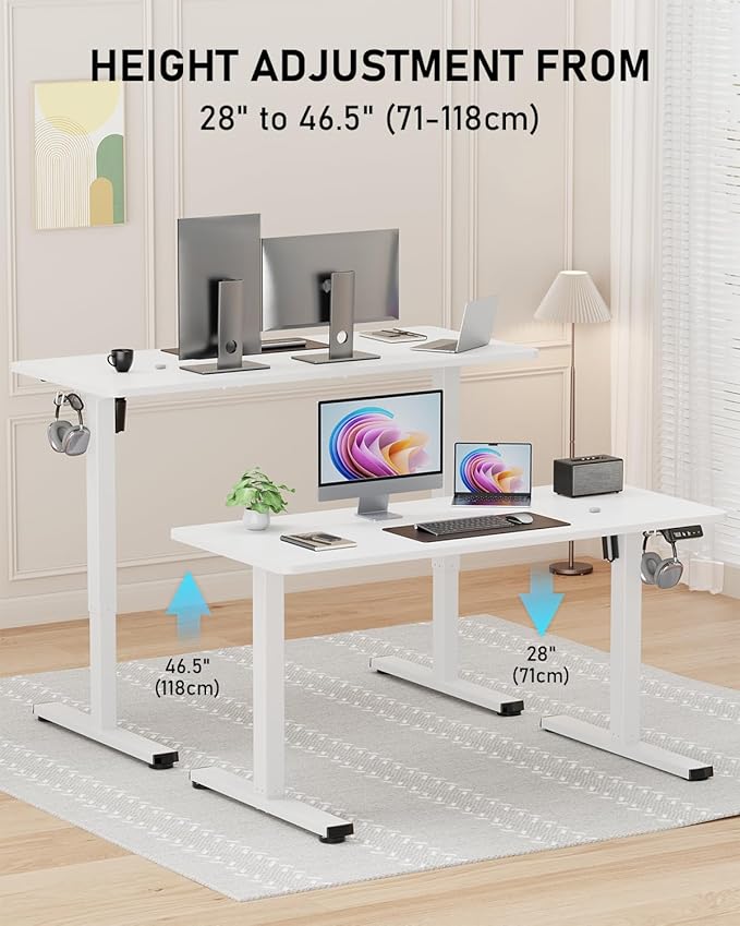 48" Electric Standing Desk Adjustable Height, Sit Stand up Desk for Home Office & Computer Workstation, 2 Memory Height Settings, Splice Board, 2 Hooks, White Frame/White Top