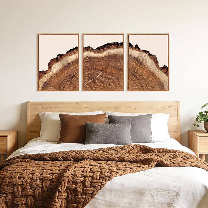 HPINUB Tree Rings Wood Wall Art Framed Set, Modern Beige Wood Stump Wall Decor, Abstract Tree Spiral Wall Painting,Nature-Inspired Art Print for Living Room, Bedroom, Office(Set of 3,12X16 Inch)