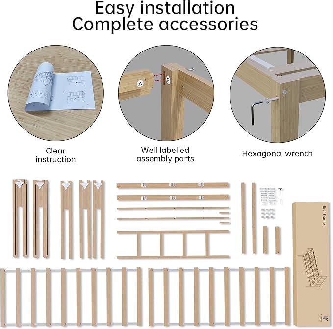 14 Inch Bamboo Bed Frame – Solid Wood Platform Bed Frame, Strong and Stable, with Non-Slip Slats for Support, No Box Spring Needed, Easy to Assemble, Noise-Free (Natural, Twin with Headboard)