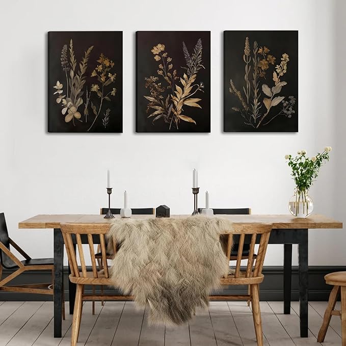 Black Botanical Canvas Wall Art Set of 3 Vintage Floral Art Moody Flower Wall Decor Dark Academia Poster Painting Prints Pictures for Bedroom Living Room 12x16 Inch Framed