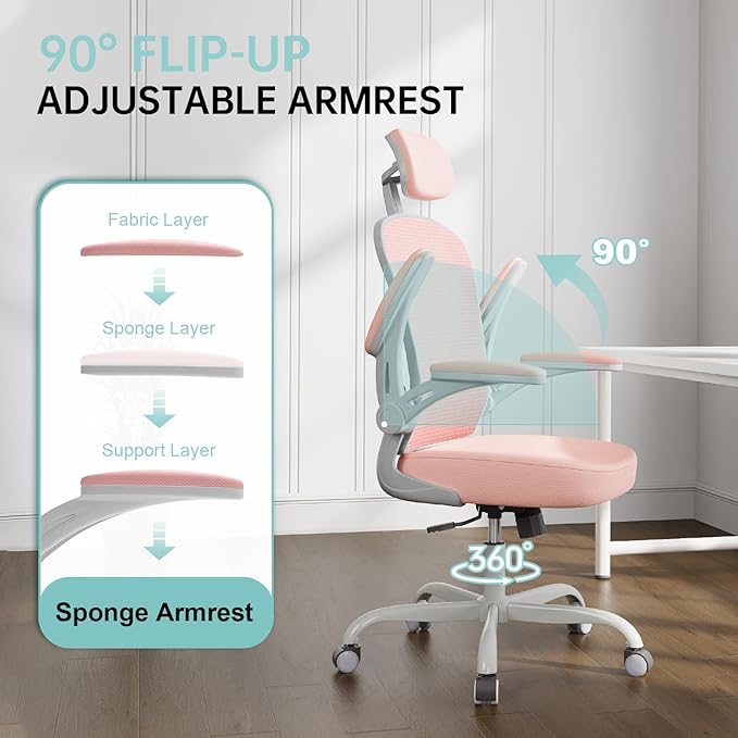 Office Chair Ergonomic Desk Chair, 330LBS Capacity, High Back Computer Design for Long Hours Comfort, Rolling Swivel Executive Task for Home Office with Flip-up Armrests, Grey Pink