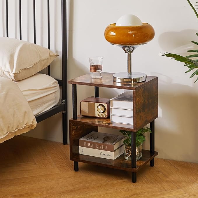 Aibiju Side Table for Bedroom, End Table Small, Mid-Century Modern Nightstand with Open Storage Shelf, Small Table Rustic Brown/Black YD-TM152H