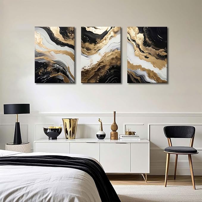 Black and Gold Abstract Canvas Wall Art Set of 3 Abstract Black Gold Marble Wall Decor Pictures Neutral Modern Minimalist Posters Prints for Living Room Bedroom Home Decoration 12x16in