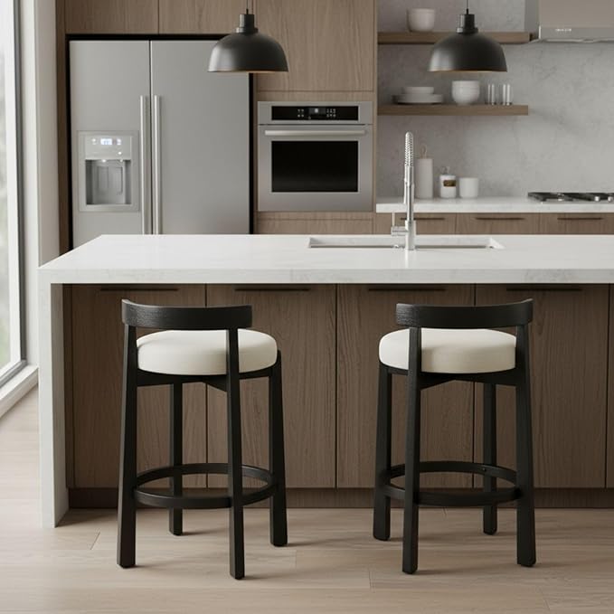 LukeAlon Mid Century Linen Counter Stools Set of 4, Upholstered 26.5” Seat Height Low Barstools with Black Wood Legs Round Low Back Kitchen Stools with Footrest for Dining Room Restaurant, Beige