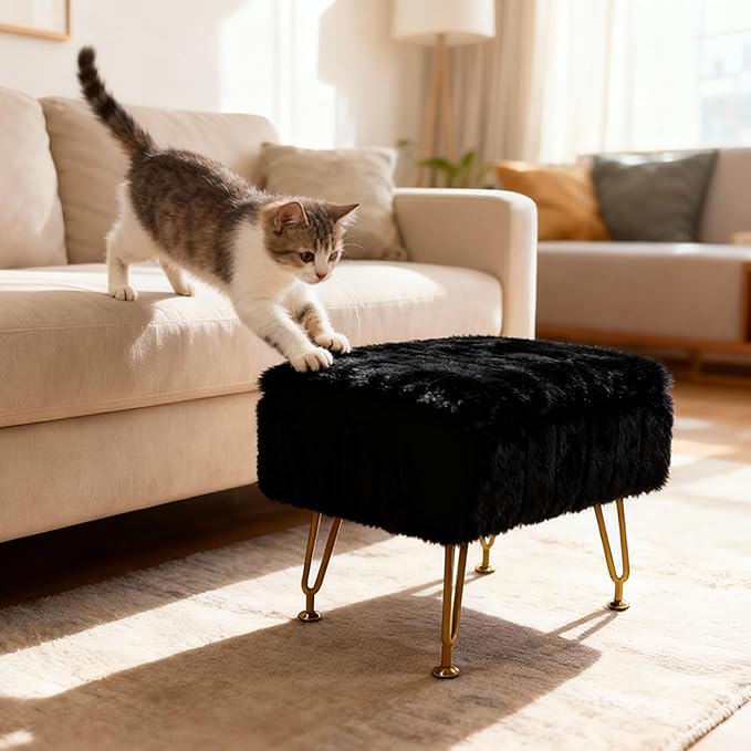 ACEQLYT® Small Foot Stool, Small Ottoman with Storage, Black Furry Footstool with Soft Padded Seat & Gold Metal Leg