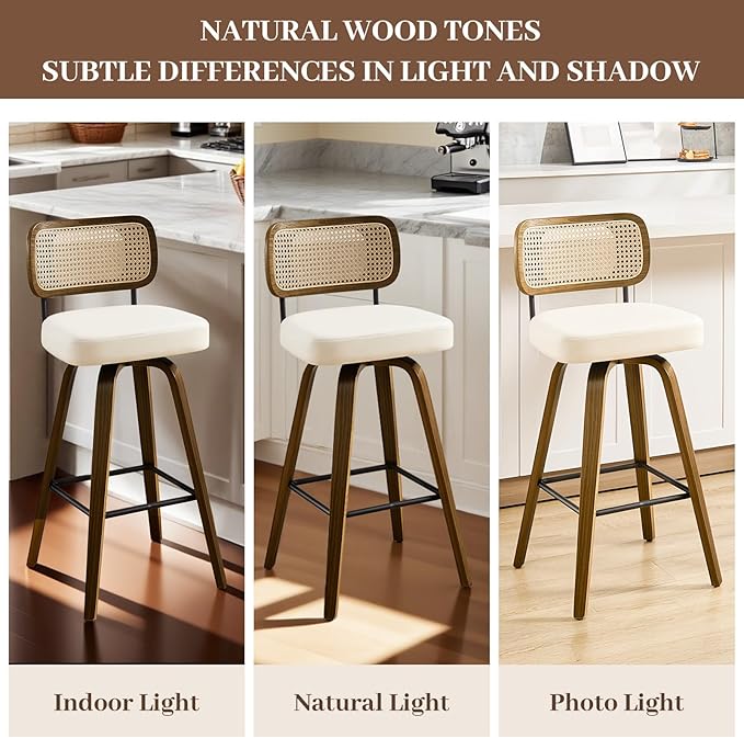 Bekrvio Swivel Counter Height Bar Stools Set of 4, Upholstered Faux Leather Barstools with Rattan Back, 26" Seat Height Bar Chairs for Kitchen Island, Bentwood Wood Frame, Cream White