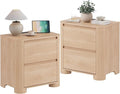 Nightstands Set of 2 with Charging Station, 23.6" Modern Night Stand with Unique Thickened Foot and 2 Storage Drawers, Bedside Table with Rounded Corner Design for Bedroom, Natural