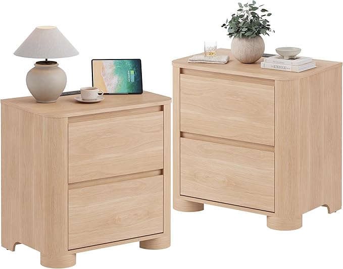 Nightstands Set of 2 with Charging Station, 23.6" Modern Night Stand with Unique Thickened Foot and 2 Storage Drawers, Bedside Table with Rounded Corner Design for Bedroom, Natural