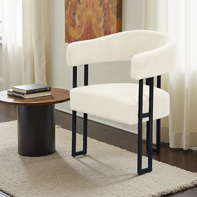 SIMTONAL Mid-Century Modern Dining Chairs Set of 2, Armrest Barrel Dining Chairs Side Accent Chairs with Curved Back, Upholstered Armchairs for Kitchen, Soft Teddy Fleece Surface, White