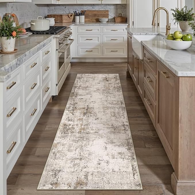 3x7 Washable Runner Rug Brown Grey Abstract Non Slip Soft Low Pile Hallway Kitchen Rug Neutral Modern Carpet for Laundry Bathroom Bedroom Living Room Home Decor