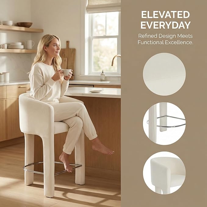 HNY Modern Counter Height Bar Stools, 26”H Barrel Counter Stools for Kitchen Counter, Upholstered Barstools with Back and Armrest, Velvet Bar Stools for Kitchen Island, Home Bar, Cream