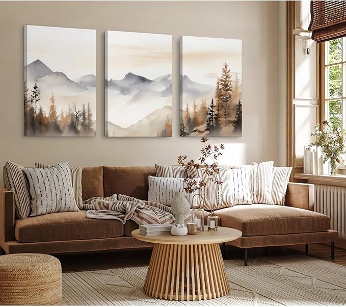 Neutral Mountain Wall Art Decor Set of 3 Forest Canvas Wall Art Poster Landscape Wall Art Artwork Modern Pictures Abstract Painting Watercolor Prints for Living Room Bedroom 24x36 Inch Wrapped Canvas