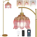 QIYIZM Pink Floor Lamp for Living Room,Bedroom,Glass Gold Dimmable Standing Lamp with Remote,Mid Century Modern Brass Tall Lamp Boho Floor Lamps Arc Stained Tulip Flower Floor Light Lamp Bohemian