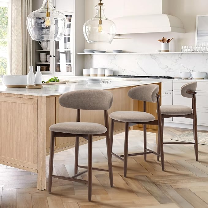 COLAMY Counter Height Bar Stools Set of 3, Kitchen Bar Stools with Back, Mid Century Modern Upholstered, with Wood Legs for Kitchen Island Dining Room, Camel