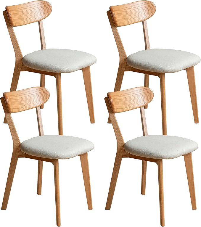 Modern Solid Wood Dining Chair Set of 4, Kitchen Dining Room Chair with Upholstered Cushion and Seat Cover, Curved Backrest, 100% FAS Grade North America Oak Wood, Natural